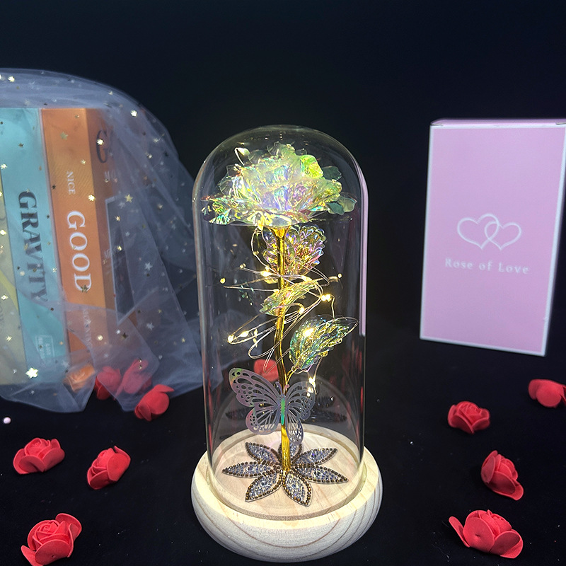 Cubierta de cristal de flor preservada, luz nocturna rosa de lámina dorada, 520, regalo de cumpleaños para el Día de San Valentín, adorno de Navidad