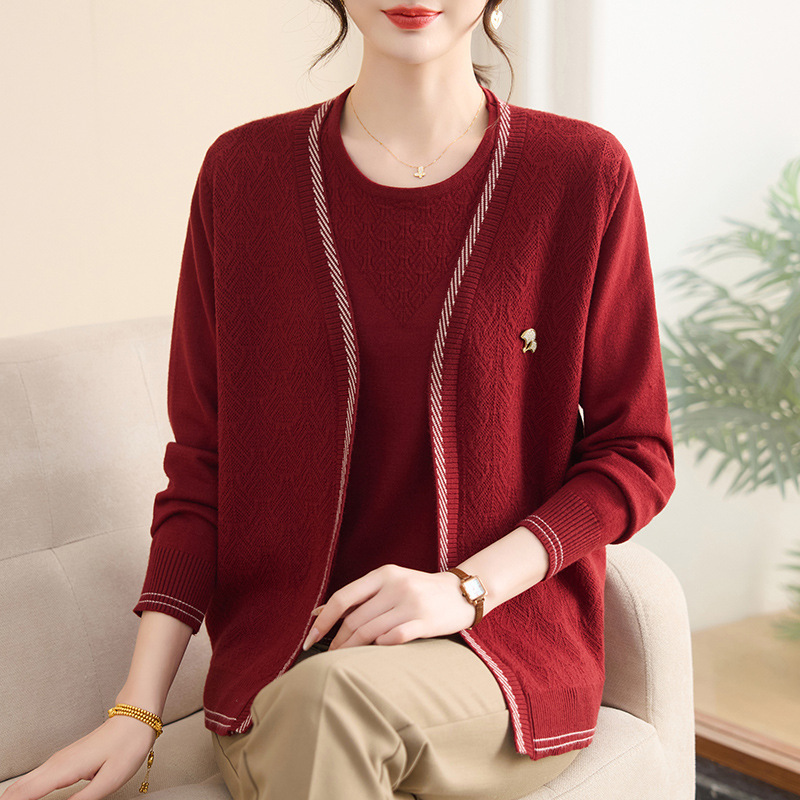 妈妈装两件套女洋气中老年秋季衣服时尚中年针织两件套短袖+外套|undefined