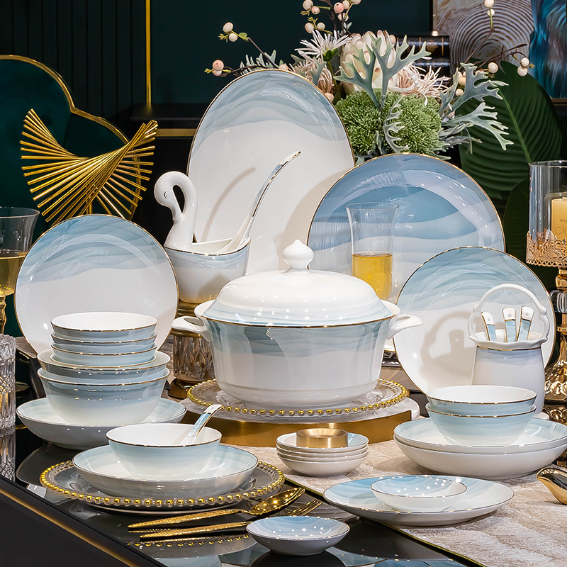 水墨風景德鎮骨瓷餐具套裝酒店擺台陶瓷碗碟盤全套禮盒裝原廠直銷