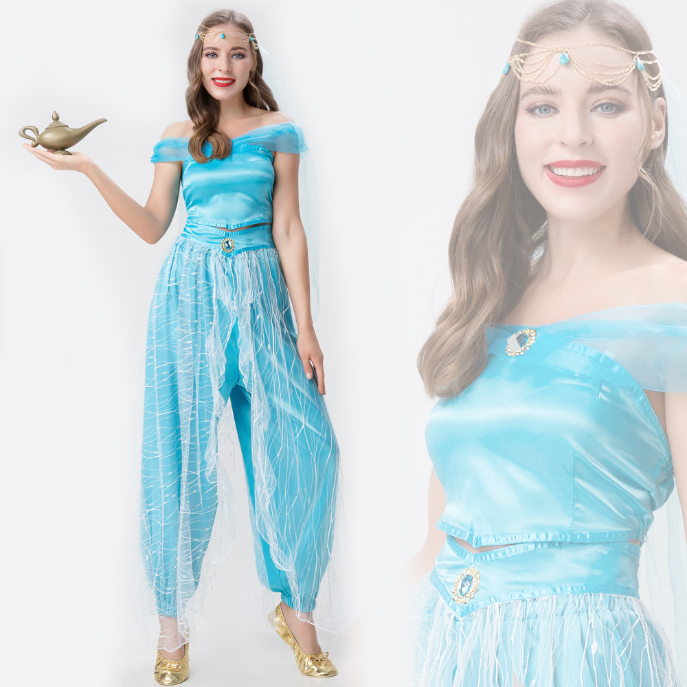 New Arrival Movie Aladdin Magic Lamp Cosplay Jasmine Princess Costume Indian Dancer Two-Piece Set Wholesale