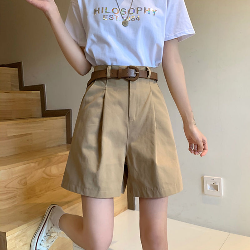 khaki Five-point Pants Women's Summer Thin Wide-leg Suit Shorts Internet Popular High Waist A- line Casual Mid-length Pants