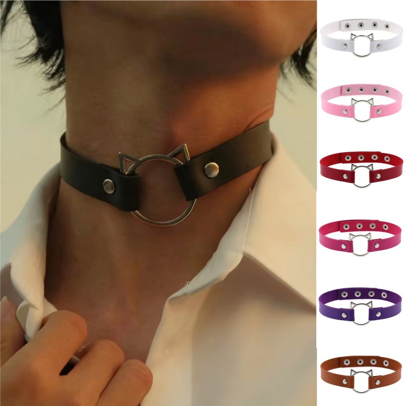 Cross-Border Popular Japanese and Korean Harajuku Style Trendy Leather Collar Street Style Punk Cat Clavicle Chain Nightclub Couple Necklace