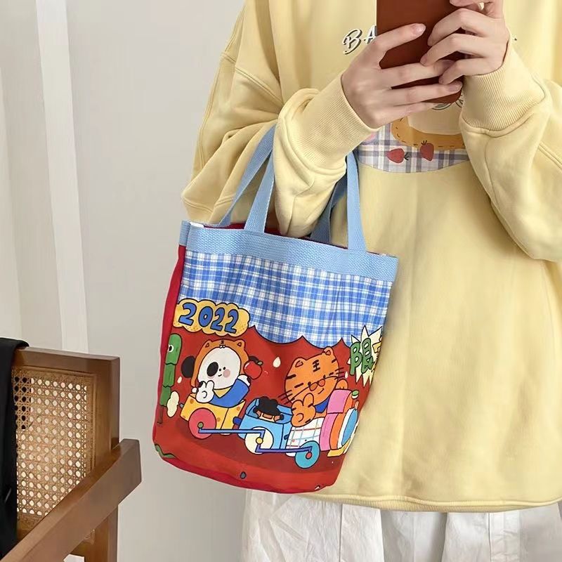 可爱插画水桶手提韩风少女心妈咪便当袋上班小拎包童趣涂鸦帆布包|undefined