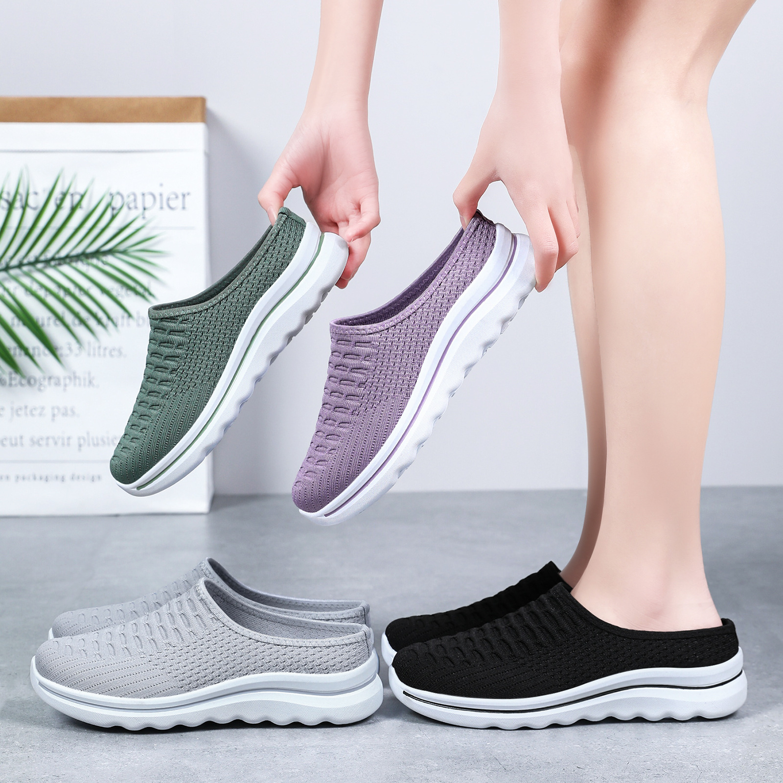 Pantuflas, ropa exterior de mujer, nuevo estilo de verano, zapatos casuales cómodos de un solo pedal, zapatos de mujer transfronterizos, suela blanda, pies no cansados, medio arrastrados