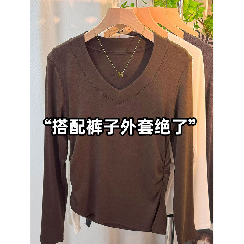 秋季新款V领开叉不规则T恤上衣女设计感小众修身百搭打底衫体恤潮|undefined