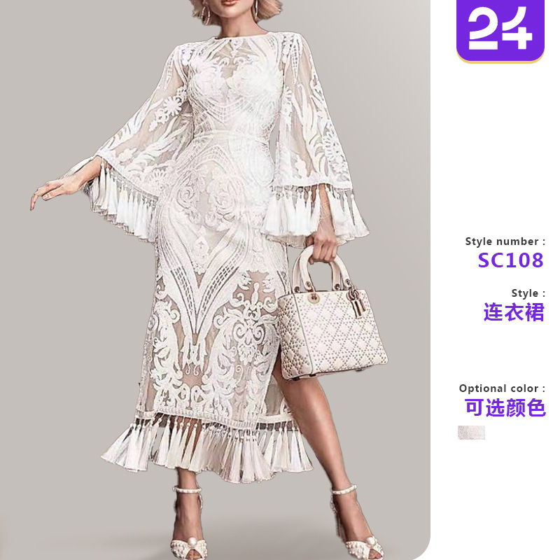 2027 Cross-Border Spring New European and American Women's Clothing Embroidered Dress White Tassel Dress Amazon Lace Dress 2027 Cross-Border Spring New European and American Women's Clothing Embroidered Dress White Tassel Dress Amazon Lace Dress