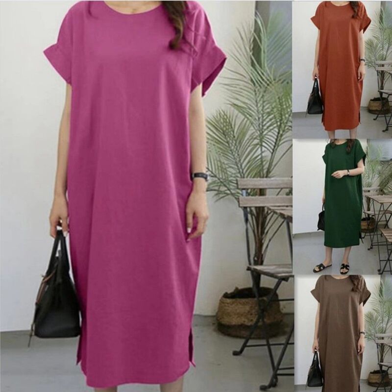 AliExpress Amazon European and American cross-border women's casual solid color round neck short sleeve loose split long dress women