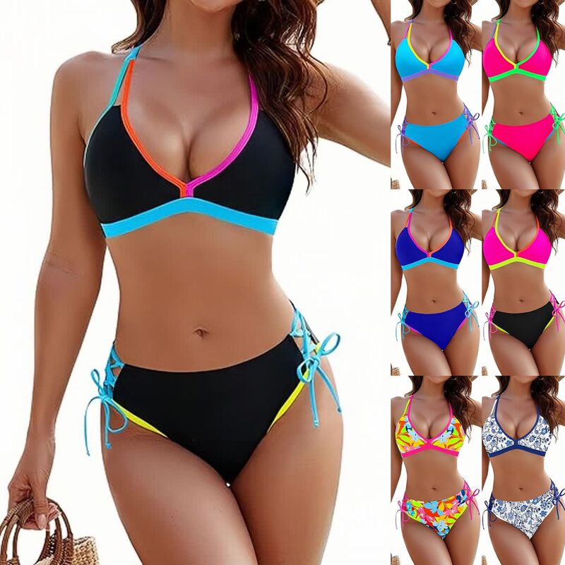 Cross-Border Color-Blocking Push-Up Bikini Set, Feminine Cross-Tie Two-Piece Swimsuit, Beach Vacation European and American Swimwear
