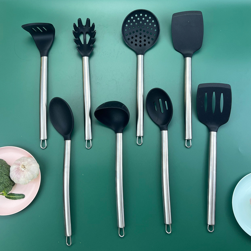 Juego de utensilios de cocina de silicona con mango de acero inoxidable, olla antiadherente de presión de papa de silicona, pala, cuchara, espátula, stock de fábrica