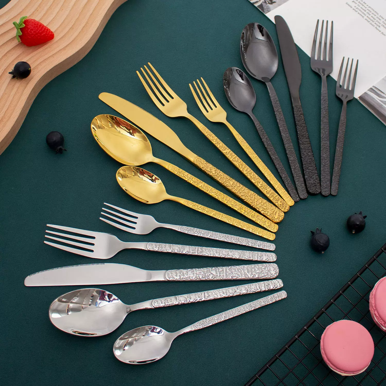 浮雕石纹不锈钢餐刀叉勺西餐酒店餐厅加厚牛排刀甜品勺叉餐具套装