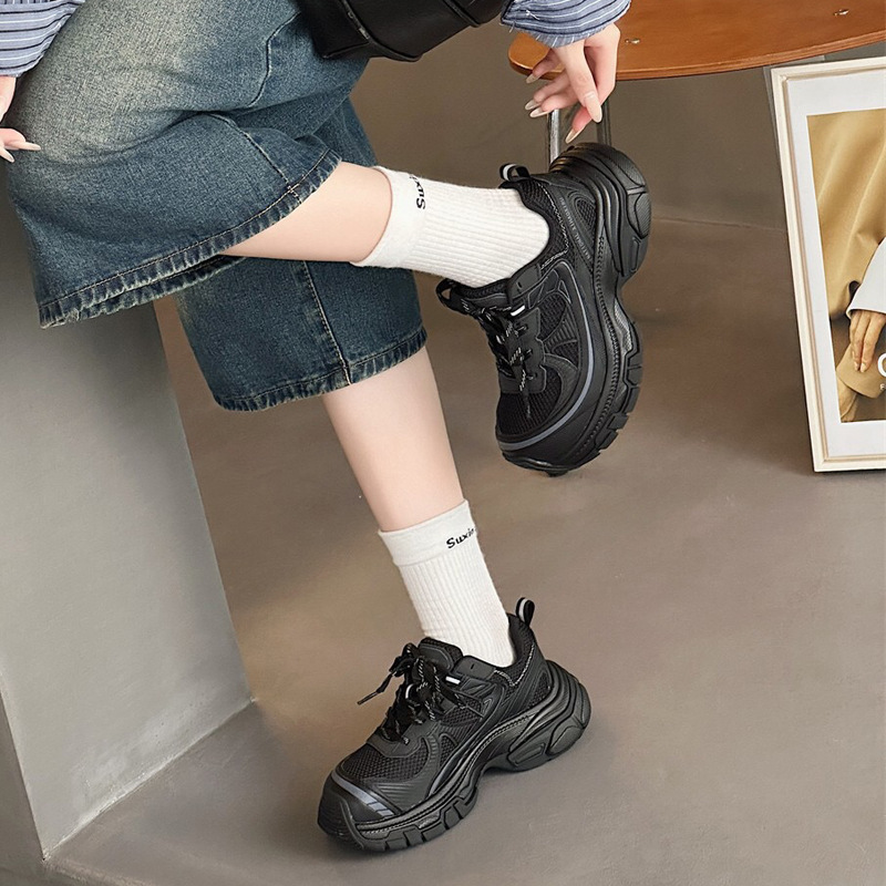厚底真皮老爹鞋女2025秋季新款小个子增高拼色网面透气休闲运动鞋|undefined