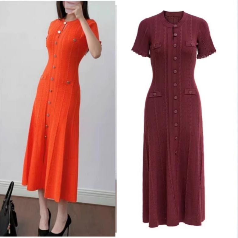 SD Home 2025 Summer Cross-border Women's Elegant Slim-fit French dress Women's Short-sleeved Crewneck Long Knitted Dress