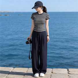 深圳南油时尚简约高级感套装女2026夏季条纹短袖阔腿裤显瘦两件套
