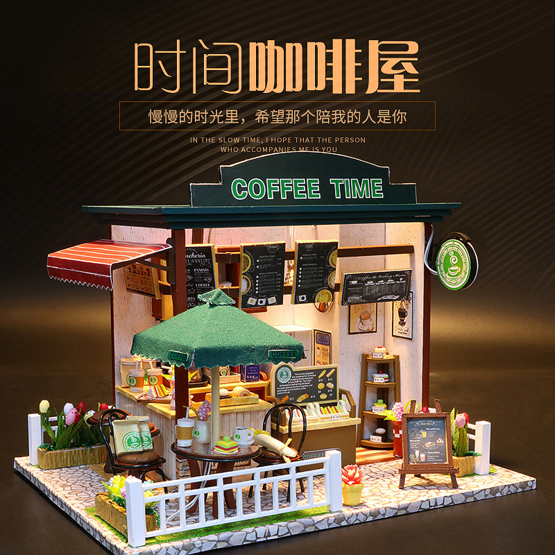 Tienda europea de madera hecha a mano modelo de casa de juguetes de café diy tiempo regalo transfronterizo