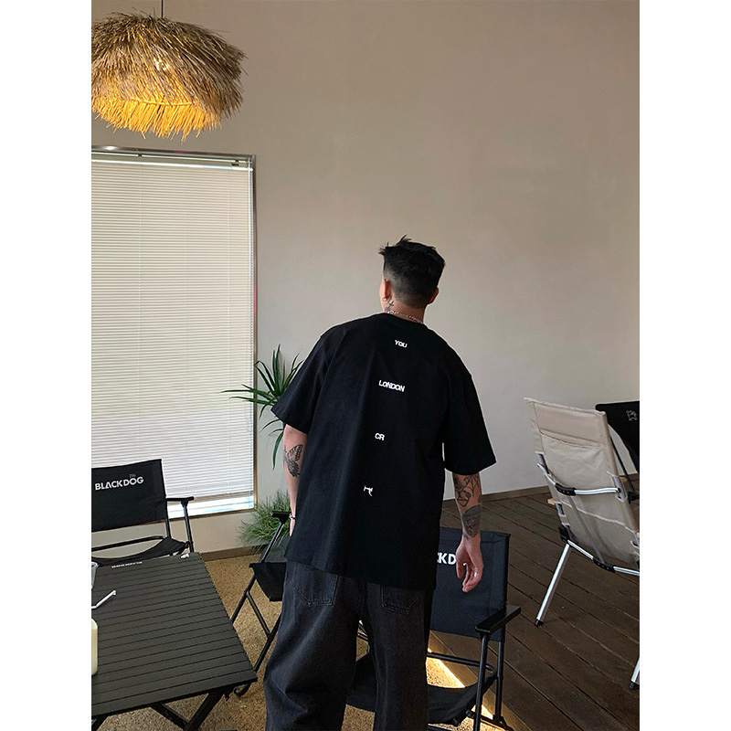 OFOXREK "creative back sorting letters" printed double yarn cotton round neck short sleeve T-shirt men's wide version tee