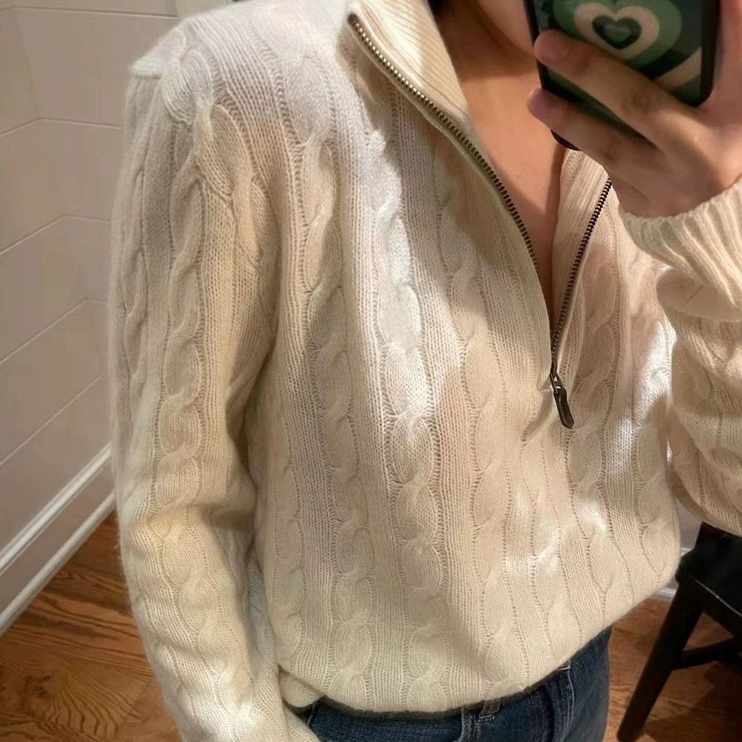 Женский шерстяной свитер Ralph pony с логотипом, на молнии до середины груди, крупной вязки, унисекс, с воротником-стойкой, толстый свитер