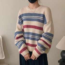 秋冬宽松慵懒风韩系辣妹撞色条纹套头软糯毛衣女针织打底衫上衣in