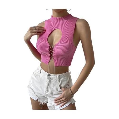 European and American Amazon 2024 new top sexy hottie hollow strap solid color short slim knitted vest for women