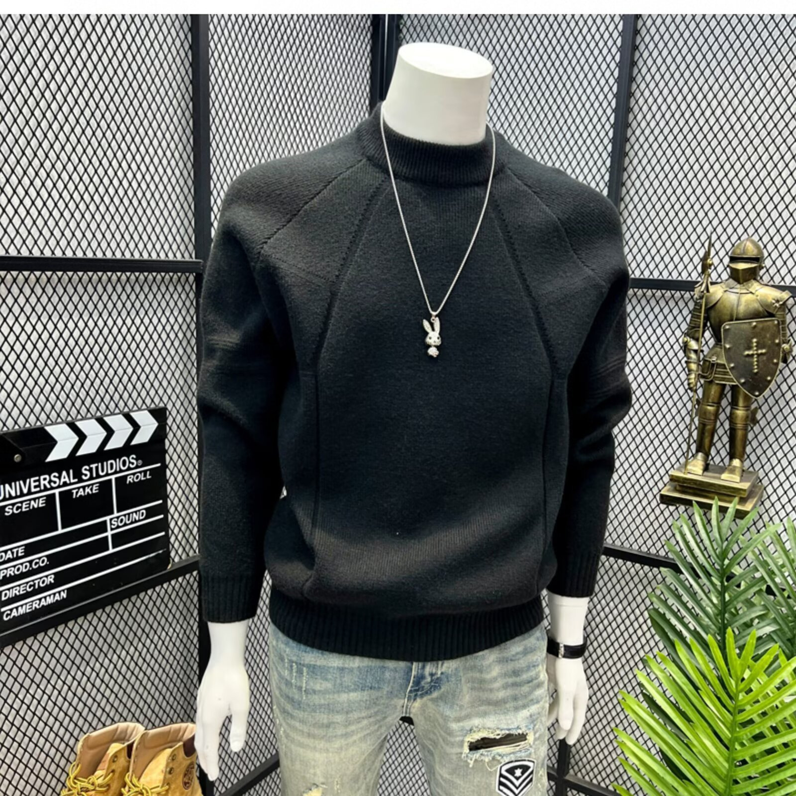 Men's High Neck Sweater Spring Gray Loose Fit Warm Thick Mid Neck Knitted Base Layer_voghion.com