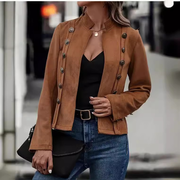 2024 European and American Cross-Border Pure Color Double-Breasted Decorative Jacket New Style Deerskin Retro Long-Sleeved Jacket 2024 European and American Cross-Border Pure Color Double-Breasted Decorative Jacket New Style Deerskin Retro Long-Sleeved Jacket