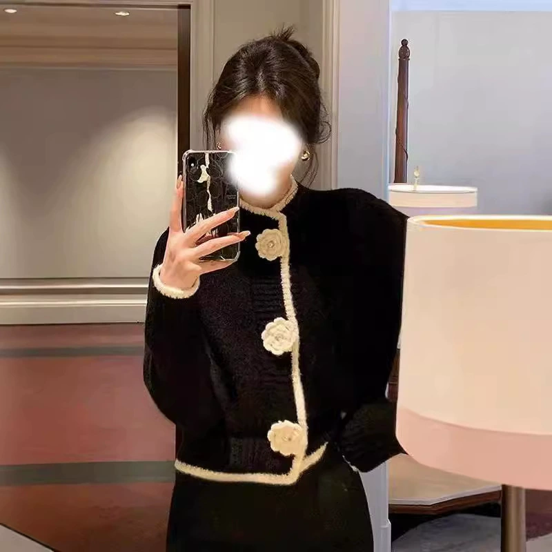 Women's Demi-Season Cardigan, Chanel-Style Chinese Design, White/Black, One Size