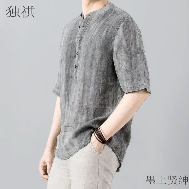 Old Wrinkled Linen Half Sleeve Shirt Men's Summer Loose Collar Pullover Breathable Cotton Linen Casual Shirt