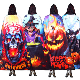 Cross-border New Halloween Adult Cape Pumpkin Skull Bat Digital Print Cape Witch Show Costume