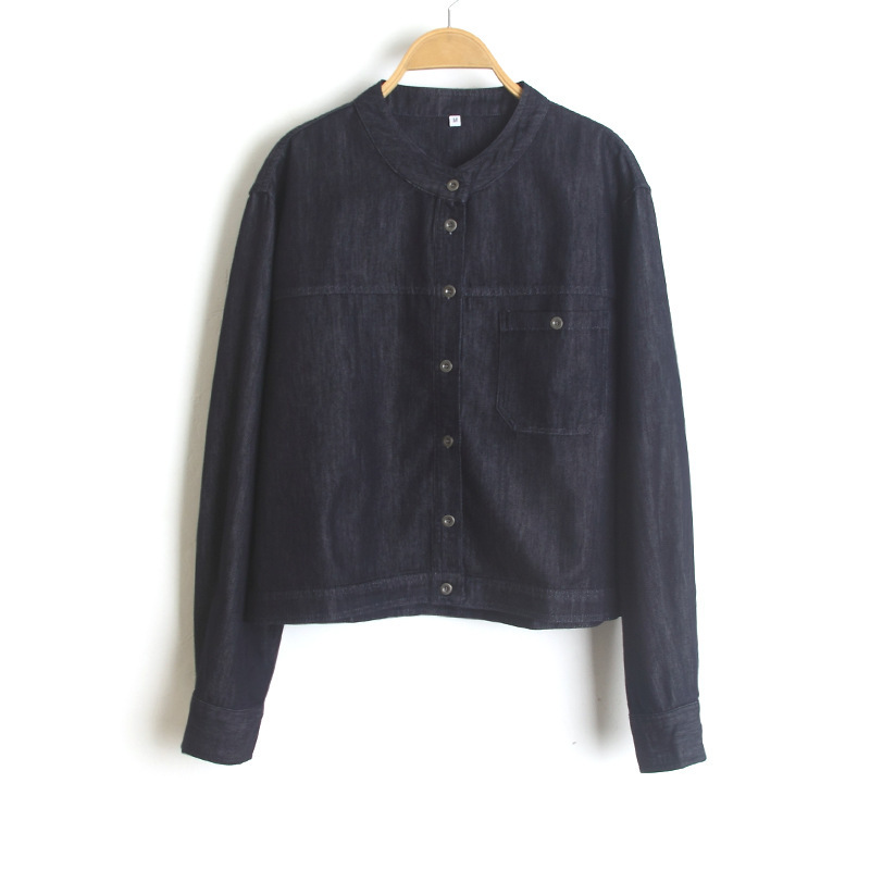 391 # 26 Spring Style Single Flap Pocket Pants Lyocell Round Neck Long-Sleeved Shirt Loose Version Petite Short Denim Shirt