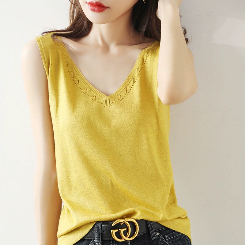 Женский шерстяной жилет больших размеров с полым V-образным вырезом, универсальная приталенная внутренняя трикотажная нижняя рубашка, верхняя одежда, на раннюю осень