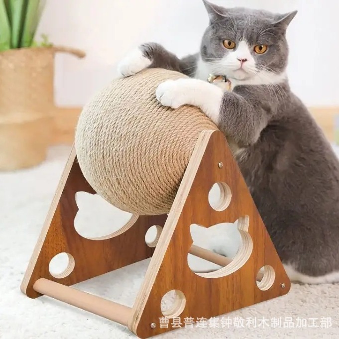 木质猫抓球猫咪磨爪手缠剑麻绳玩具不掉屑立式耐磨自嗨解闷玩具