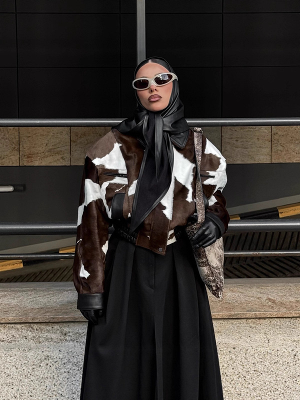 American Street Style Cow Pattern Imitation Horse Hair Printed Leather Short Jacket for Women