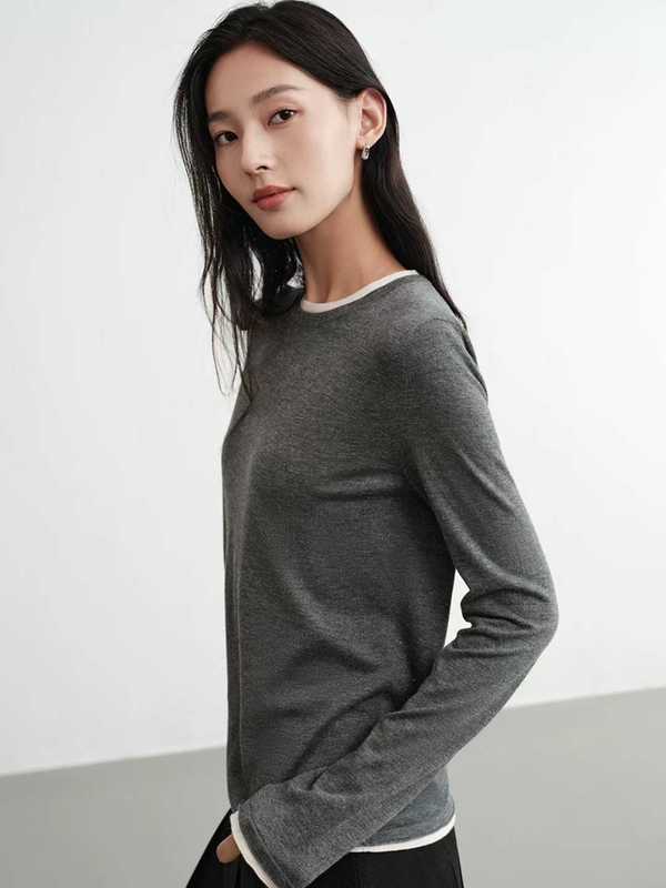 EP2025早秋新品 假两件断葱纱长袖内搭圆领撞色针织衫|undefined