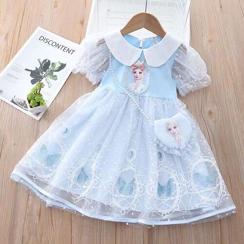 Girls Elsa Princess Dress  Summer Dress Children's Frozen Style Mesh Dress Baby Short Sleeve Dress