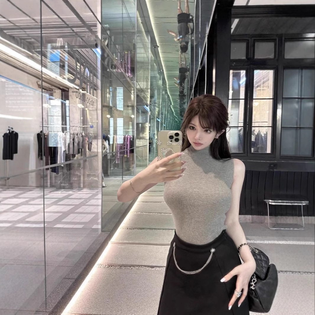 여름 여성용 달콤하고 매콤한 복고풍 오른쪽 어깨 민소매 하프 터틀넥 티셔츠, 슬림핏, 패셔너블하고 다재다능한 짧은 탑