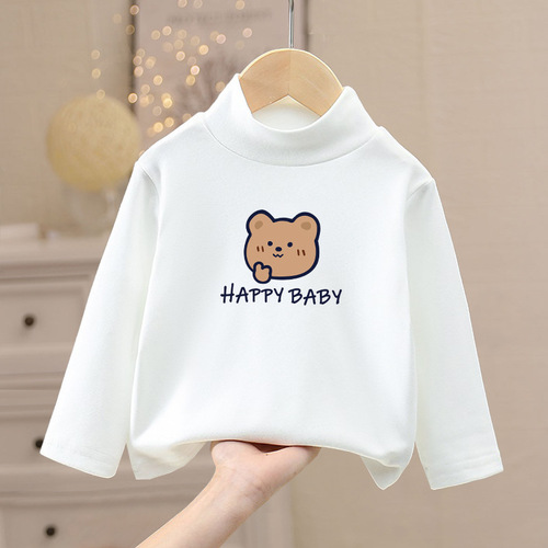 Children's winter cashmere warm indoor clothing base shirt for girls and boys, single piece top, middle child half-high collar baby t-shirt