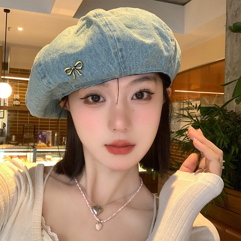 Basco donna in denim azzurro con fiocco stile coreano elegante_voghion.com