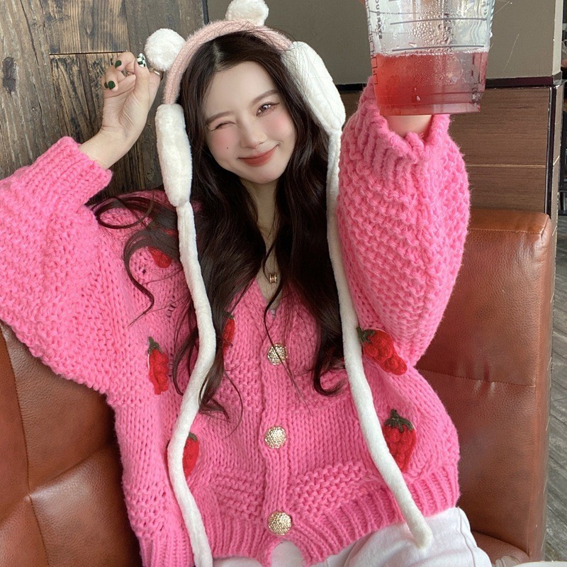 Japanese-Style Sweet Strawberry Lantern Sleeve Sweater Cardigan for Women, Autumn and Winter Loose V-Neck Thick Yarn Knit Top Jacket