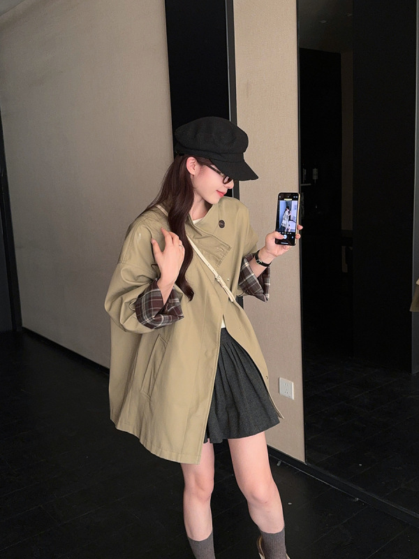 大码女装微胖mm英伦风复古高级撞色中长款宽松风衣外套|undefined