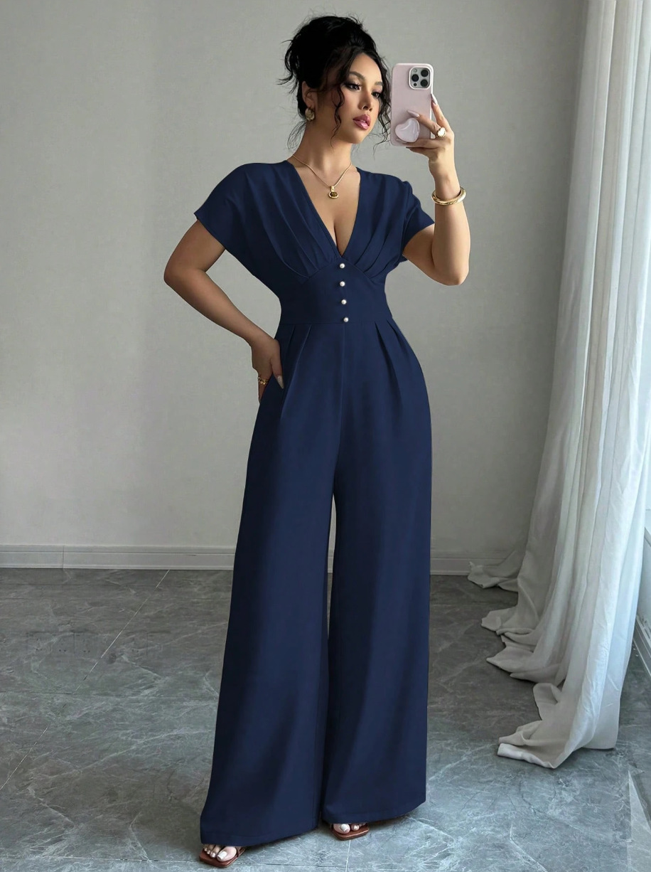 Exportación de comercio exterior 2026 nuevo estilo europeo y americano transfronterizo temperamento elegante de mujer cuello en V manga corta cintura amplia pierna junk