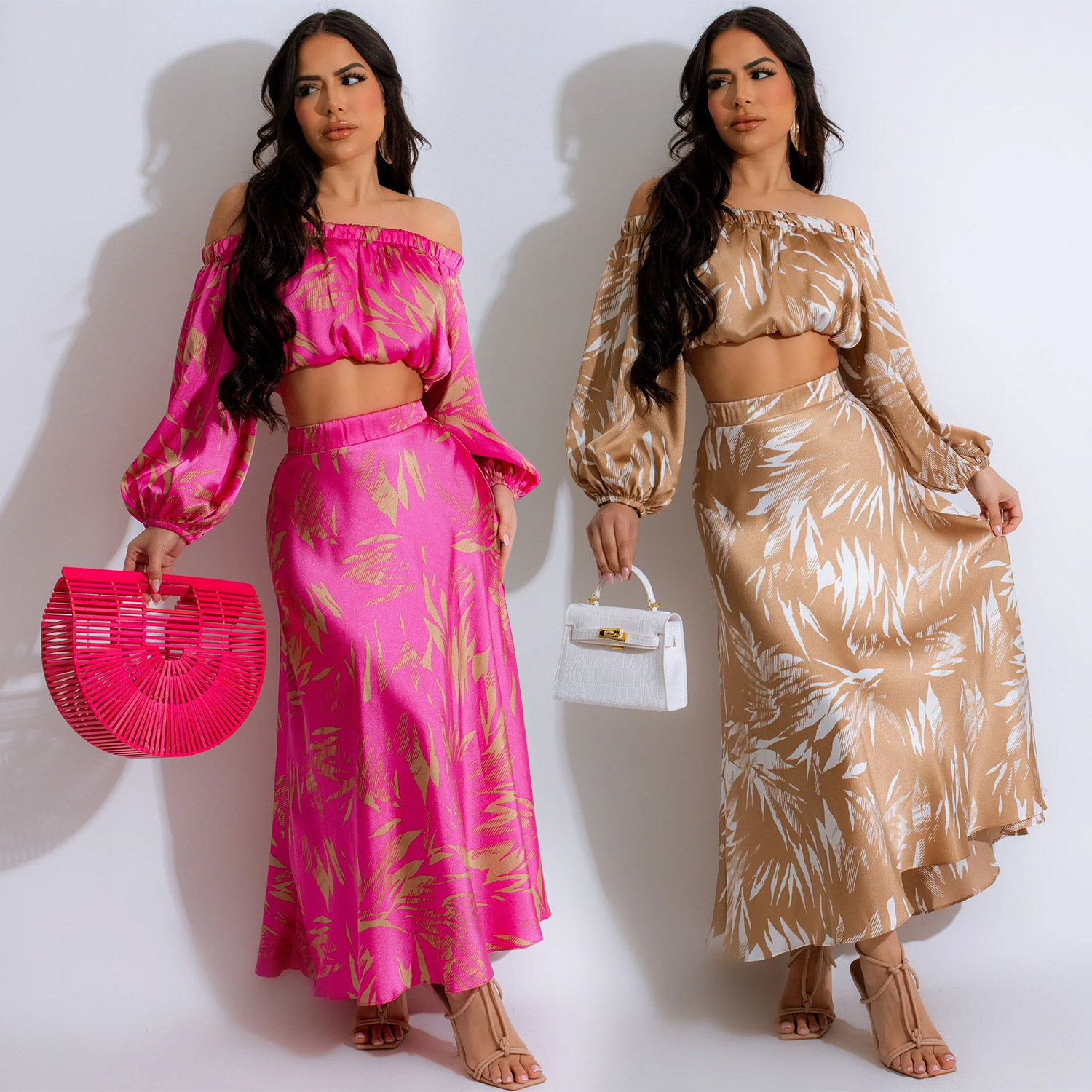 C6881 Aliexpress transfronterizo Amazon Europa y América de moda impresión de ropa de mujer sexy mangas largas umbilical vestido larga dos piezas image 1