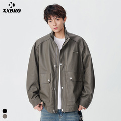 xxbro男装#秋冬新款潮牌PU立领情侣外套休闲百搭机车皮衣夹克上衣