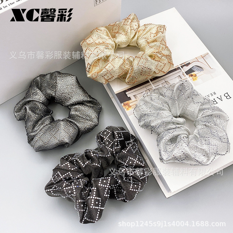 跨境韩版镶钻大肠发圈女高级感慵懒风韩系发绳超大号缎面抽绳发带|undefined