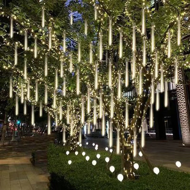 LED流星雨灯串太阳能户外亮化挂树七彩流星雨灯圣诞节日装饰灯串