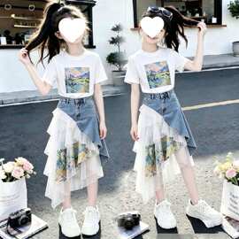 女童夏季多巴胺套装2026新款女宝宝韩版短袖网红牛仔拼接裙两件套