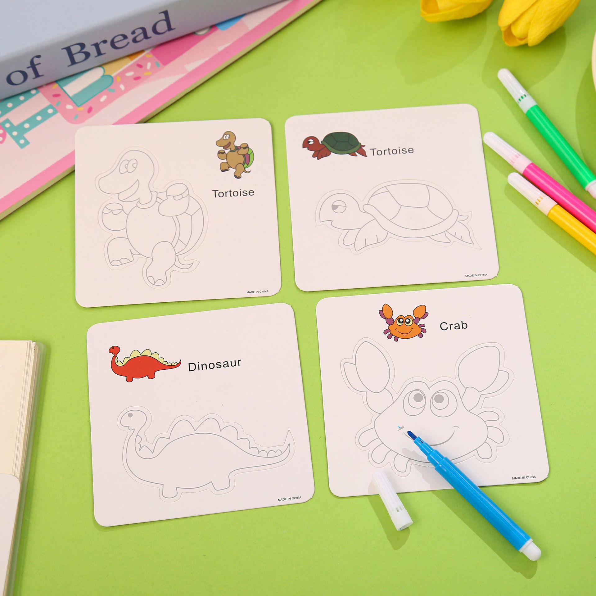 卡通动物硬卡片diy手绘涂鸦幼儿园开学绘画卡片 英文填色卡纸批发