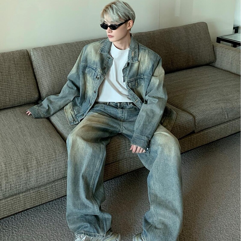 Niche Retro Washed Denim Set, Loose Shoulder-Padded Jacket, Straight-Leg Pants Two-Piece Set, Energetic Casual Versatile Outfit