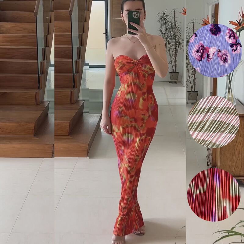 2023 European and American Cross-Border Amazon Hot-Selling Tube Top Backless Printed Pleated Slimming Look Women's Dress Hy027 2023 European and American Cross-Border Amazon Hot-Selling Tube Top Backless Printed Pleated Slimming Look Women's Dress Hy027