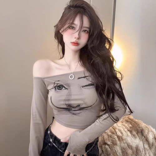 Pure Desire Sweet and Spicy Sexy One-shoulder Strappy Printed Long-sleeved Top Women Autumn/Winter Base Layer Shirt Women's T-shirt Trendy