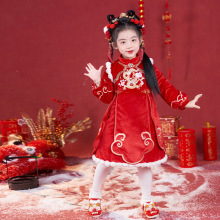 冬季女童汉服红色拜年服加绒连帽斗篷童装连衣裙唐装年服一件代发