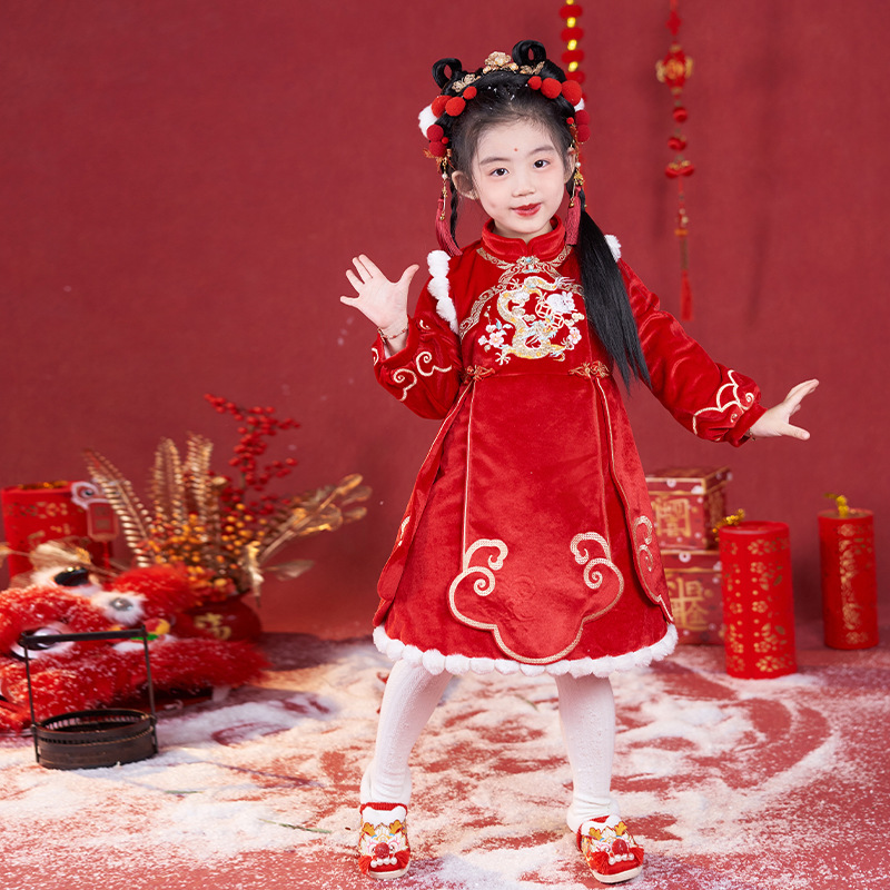冬季女童汉服红色拜年服加绒连帽斗篷童装连衣裙唐装年服一件代发